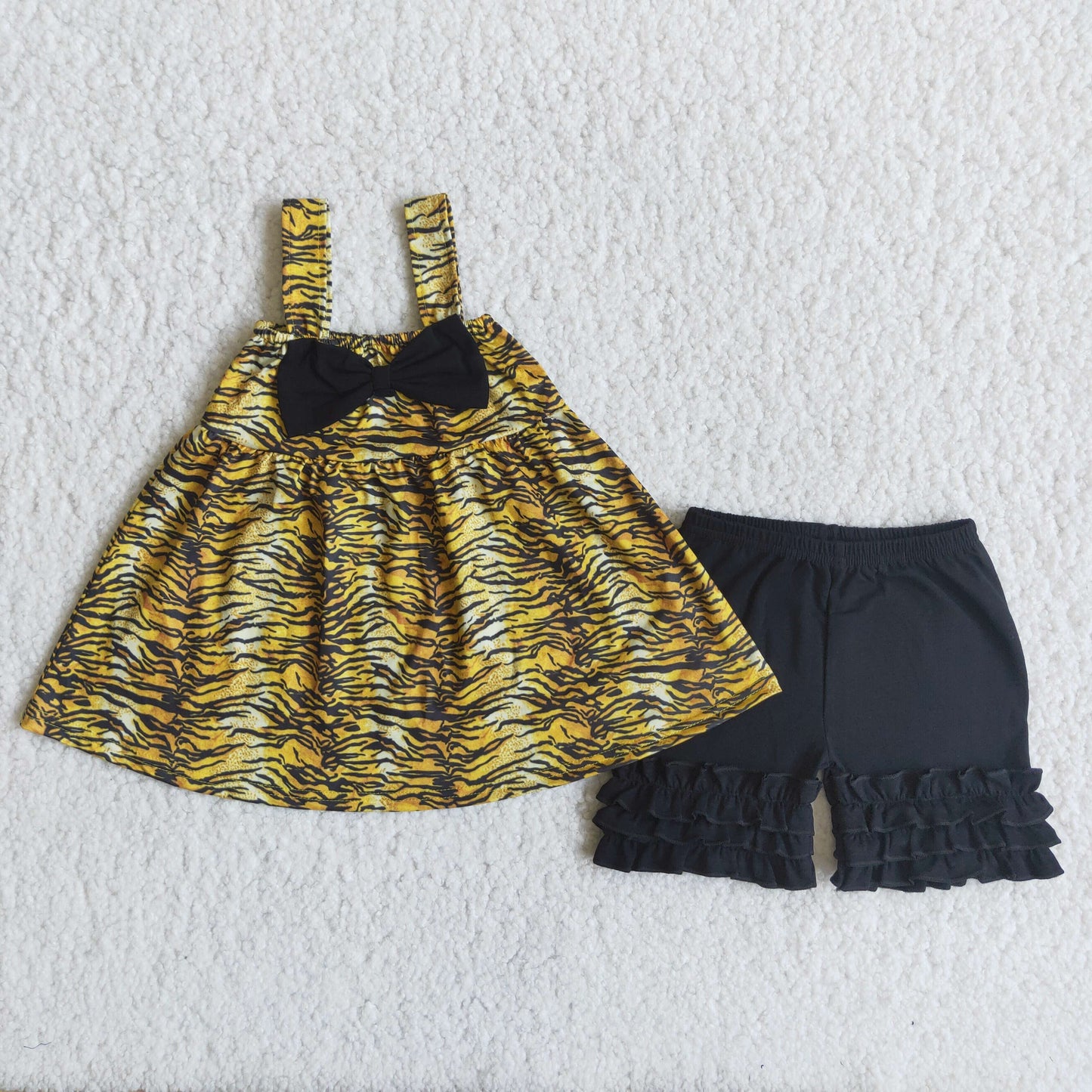 Girls Tiger Leopard Outfits Bow Sleeveless Black Shorts