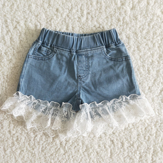 Girls Summer Sky Blue Lace Denim Elastic Shorts