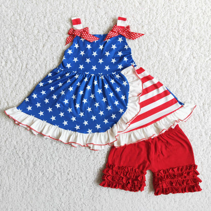 Girls Blue Stars Outfits Sleeveless Red Shorts