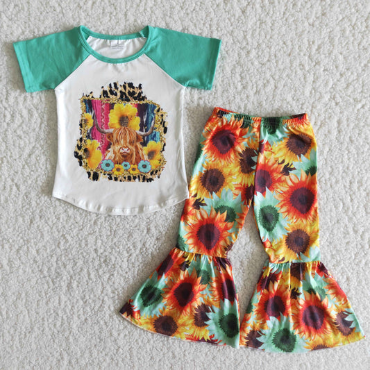 Girls Cow Sunflowers Outfits Short Sleeves Bell Bottom Pants