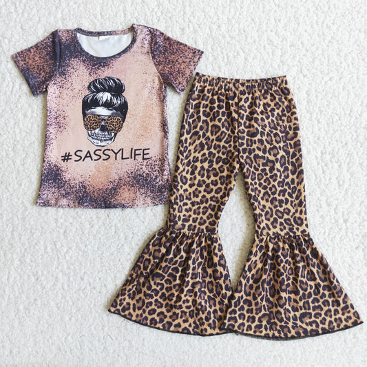 Girls Sassylife Outfits Short Sleeves Bell Bottom Leopard Pants