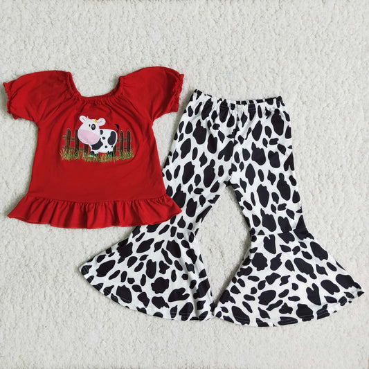 Girls Embroidery Cow Outfits Bubble Sleeves Bell Bottom Pants Red