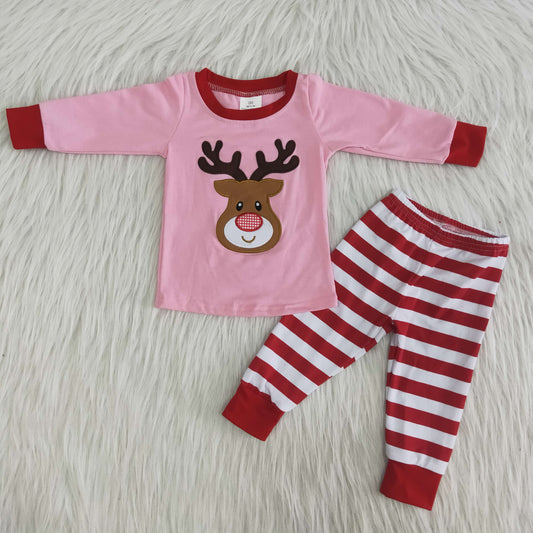 Boys Embroidery Christmas Reindeer Pajamas Pink Long Sleeves Stripe Joggers