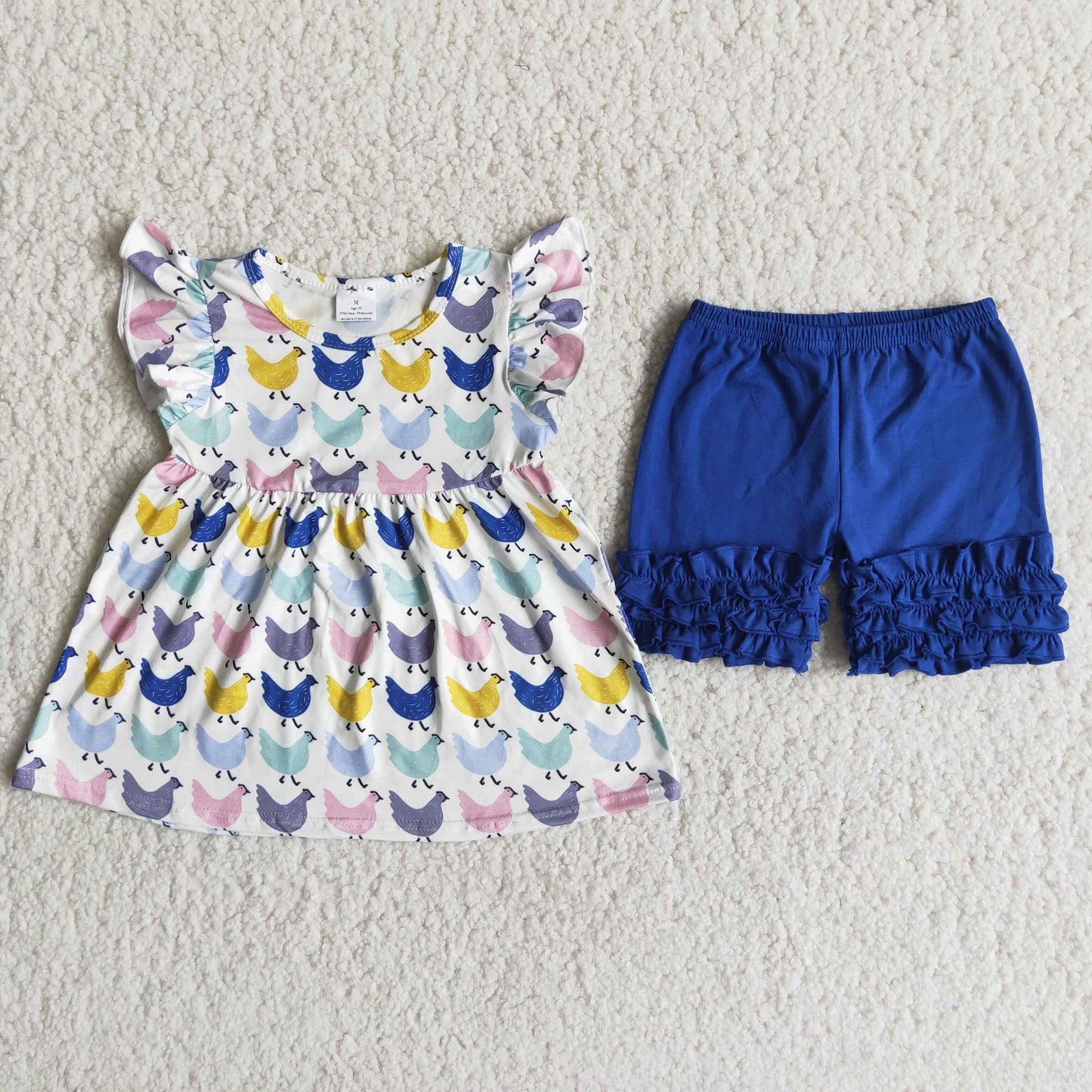 Girls Chickens Outfits Short Sleeves Blue Shorts