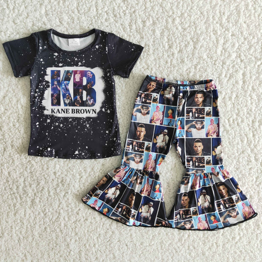 Girls KB Black Outfits Short Sleeves Bell Bottom Pants