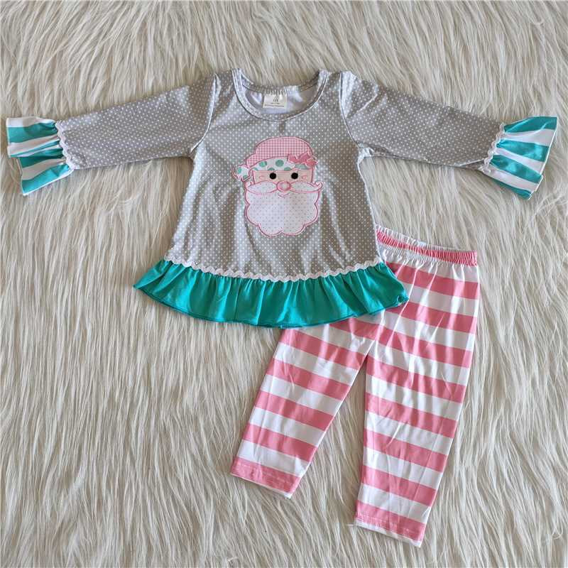 6 A11-27 Girls Christmas Santa Outfits Long Sleeves Stripe Pants Embroidery