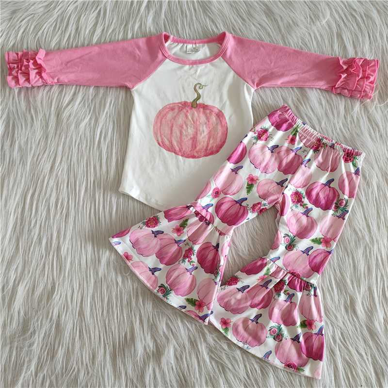 Baby Girls Pumpkin Outfits Long Sleeves Bell Bottom Pants Pink Clothing