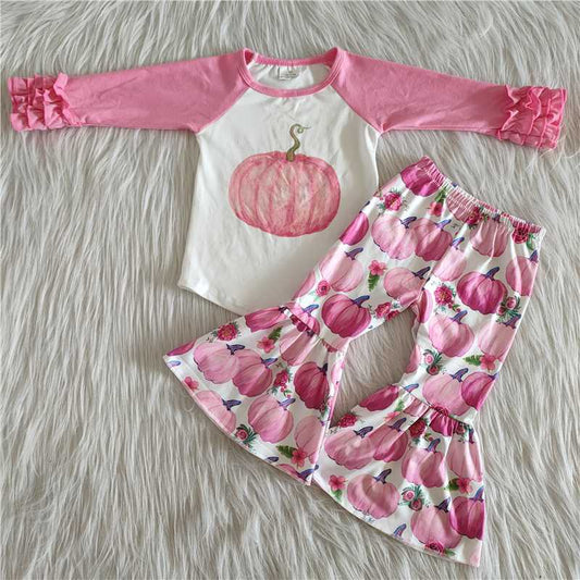 Baby Girls Pumpkin Outfits Long Sleeves Bell Bottom Pants Pink Clothing