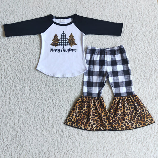 Baby Girls Merry Christmas Tree Outfits Long Sleeves Black Plaid Pants