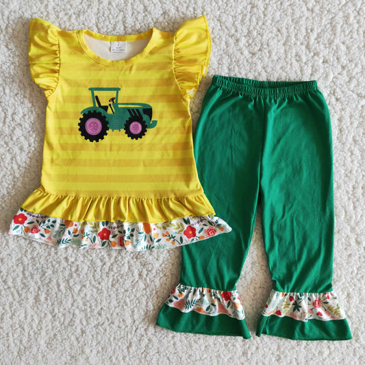 Girls Farm Tractor Outfits Flutter Sleeves Green Pants