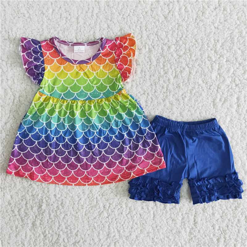 Girls Scale Outfits Short Sleeves Blue Shorts