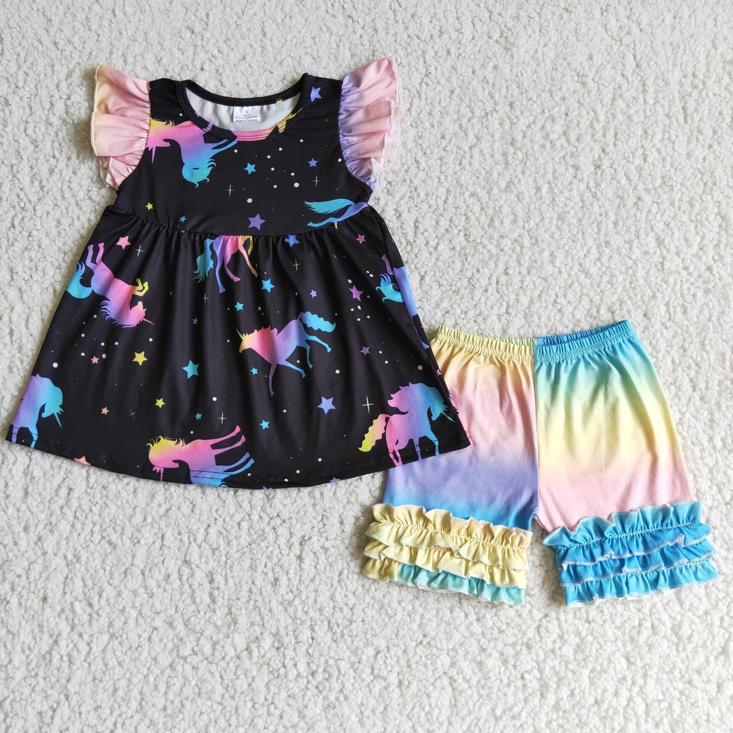 Girls Unicorn Outfits Short Sleeves Tie-dye Shorts Sales