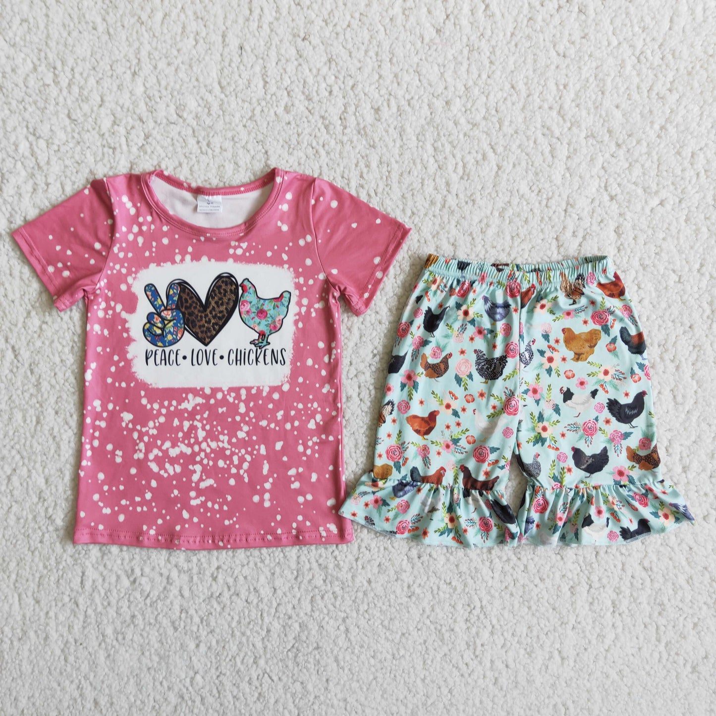 Girls Peace Love Chickens Outfits Short Sleeves Shorts