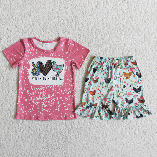 Girls Peace Love Chickens Outfits Short Sleeves Shorts