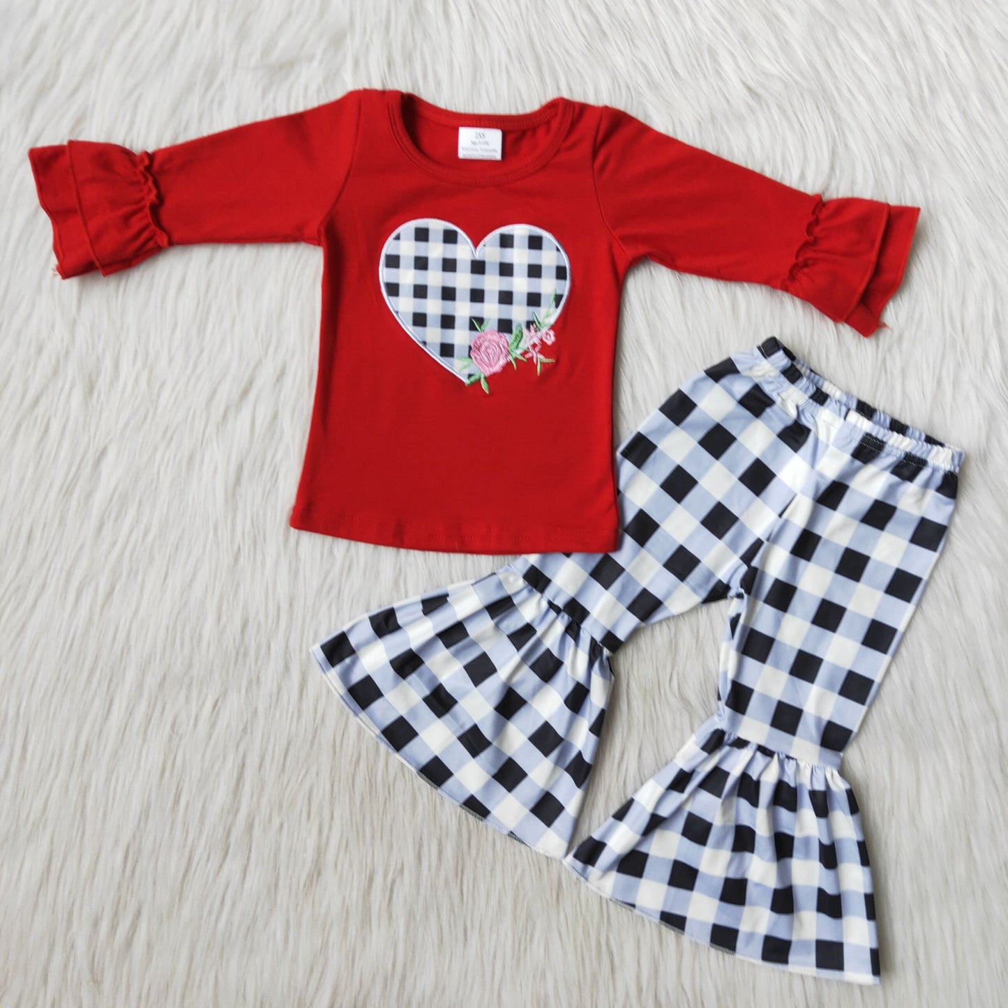 Girls Embroidery Love Outfits Long Sleeves Checked Pants