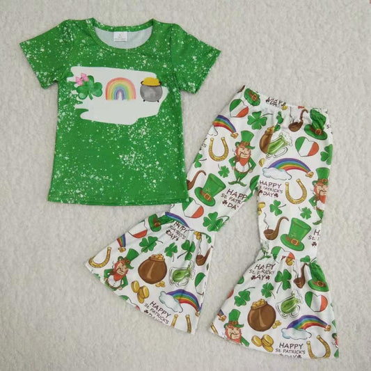 Girls St Patrick's Day Outfits Short Sleeves Green Happy Pants