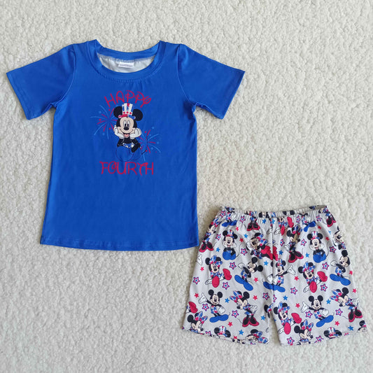 Boys Happy Fourth Outfits Short Sleeves Blue Shorts