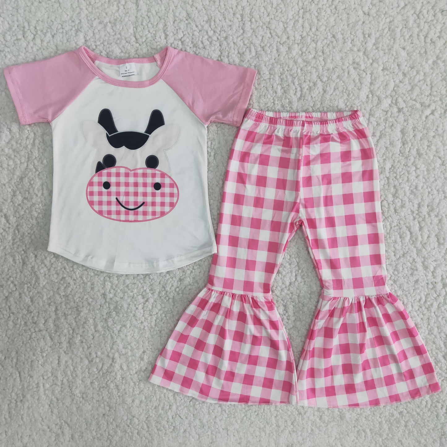 Girls Cow Pink Outfits Short Sleeves Bell Bottom Pants