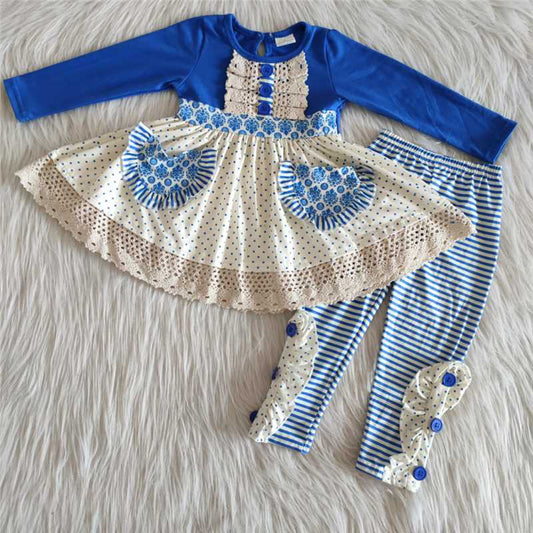 Girls Blue Stripe Outfits Pocket Long Sleeves