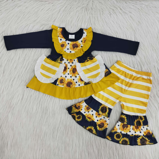 Girls Sunflowers Outfits Pocket Long Sleeves Ruffled Pants