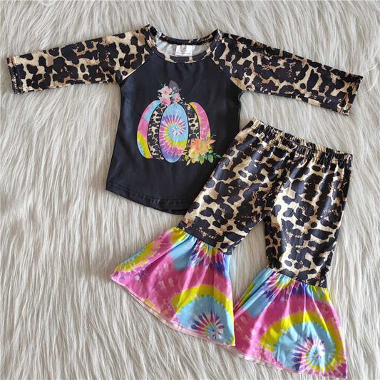 Baby Girls Pumpkin Outfits Long Sleeves Bell Bottom Pants Leopard Tie-dye Clothing