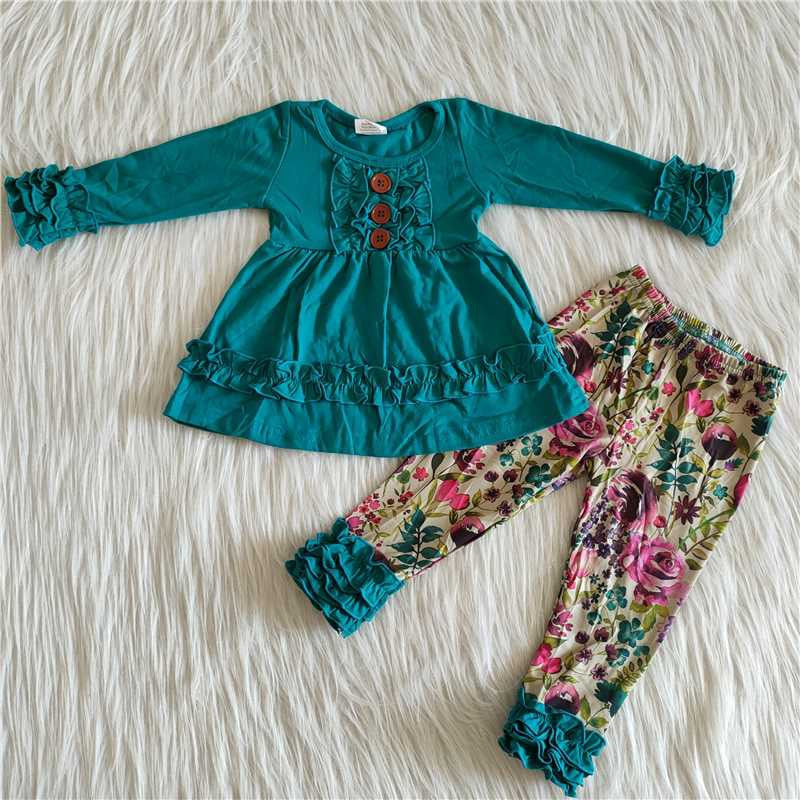 Girls Floral Outfits Long Sleeves Ruffled Pants Green