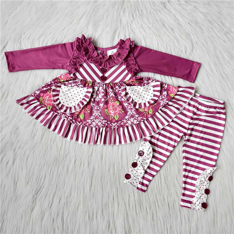 Girls Purple Stripe Outfits Pocket Long Sleeves