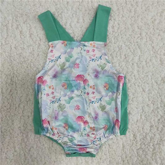 Girls Green Floral Summer Rompers