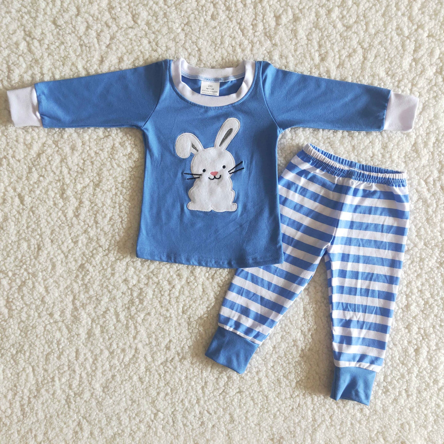 Boys Easter Rabbit Embroidery Pajamas Long Sleeves Blue Stripe Pants