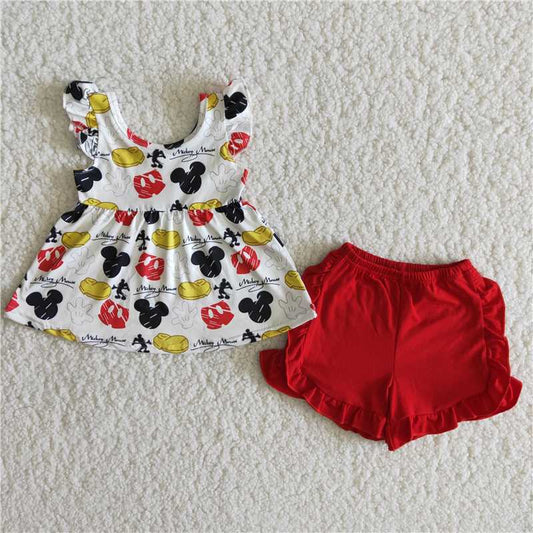 Girls Cartoon Outfits Short Sleeves Red Shorts