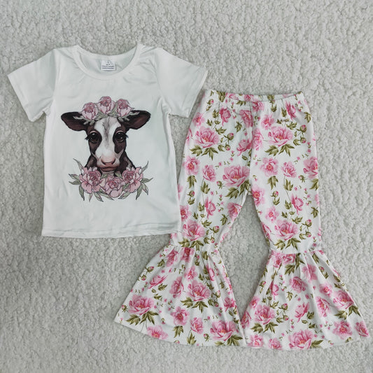 Girls Cow Outfits Short Sleeves Bell Bottom Floral Pants