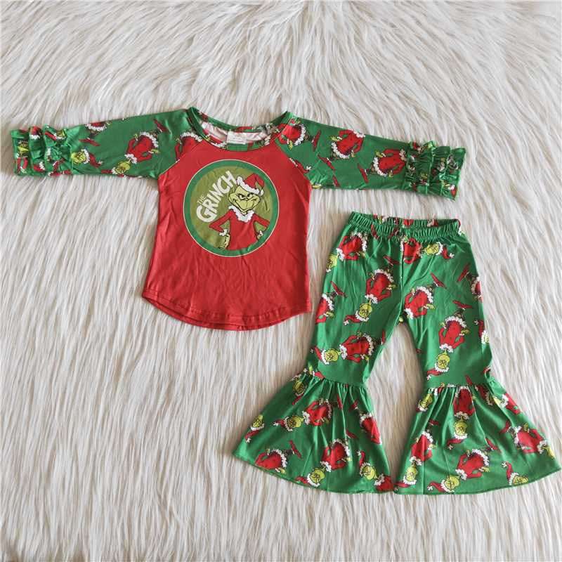 6 A13-20 Baby Girls Christmas Outfits Long Sleeves Bell Bottom Pants Green