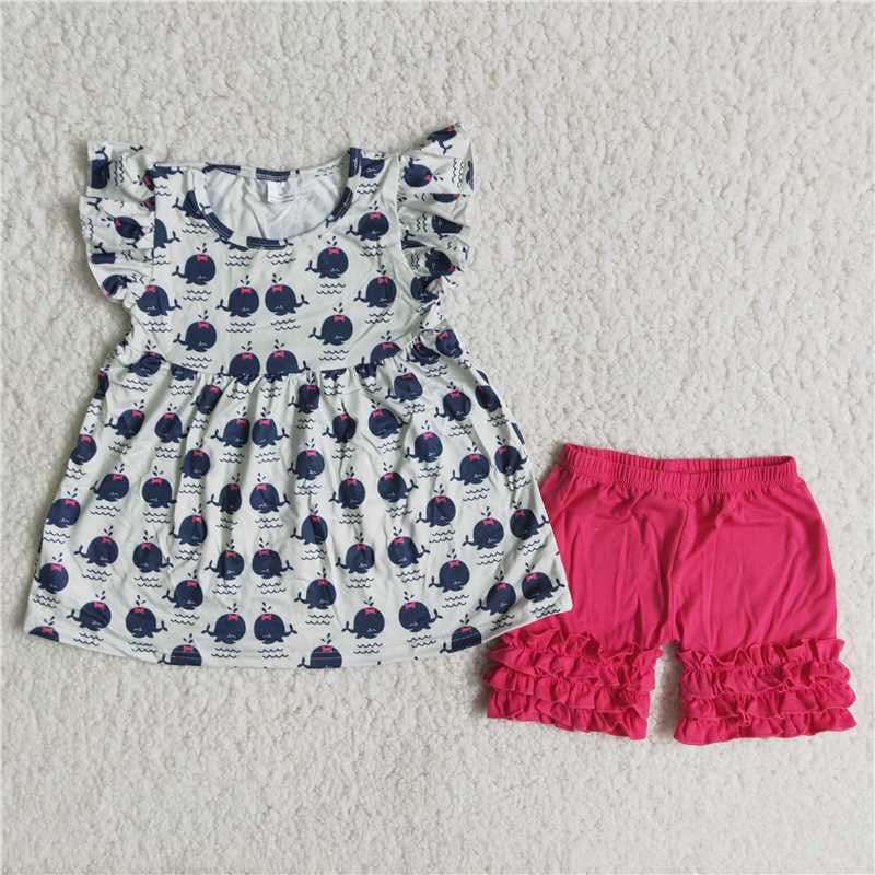 Girls Whale Outfits Short Sleeves Red Shorts