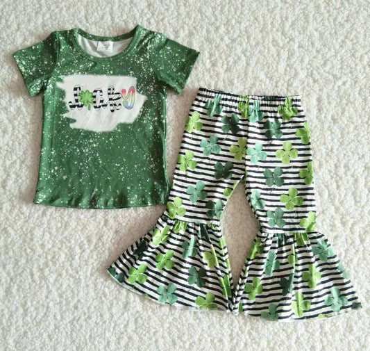 Girls St Patrick's Day Lucky Outfits Short Sleeves Green Stripe Pants