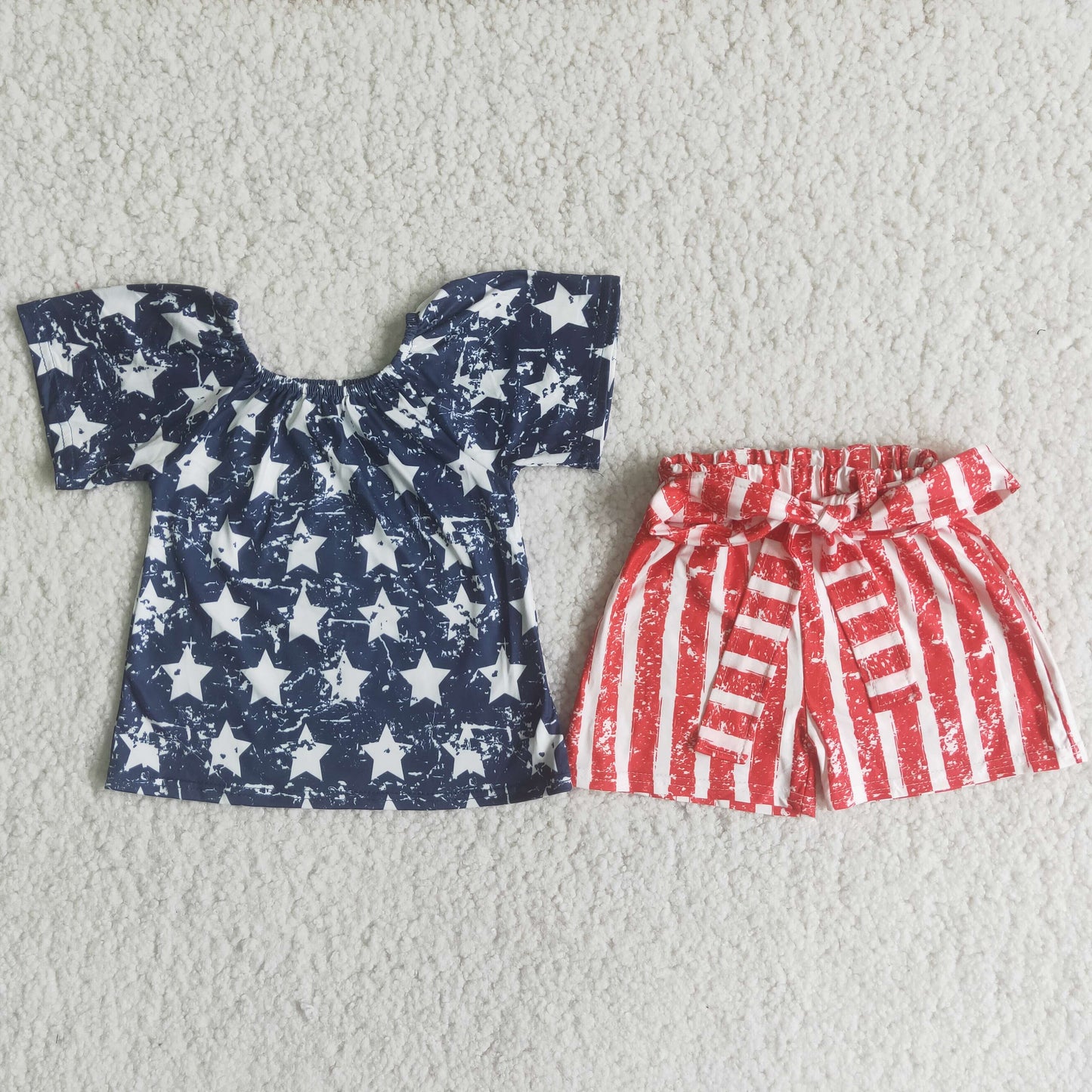 Girls Blue Stars Outfits Short Sleeves Red Stripe Shorts