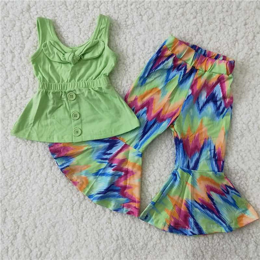 Girls Green Bows Outfits Sleeveless Tie-dye Pants