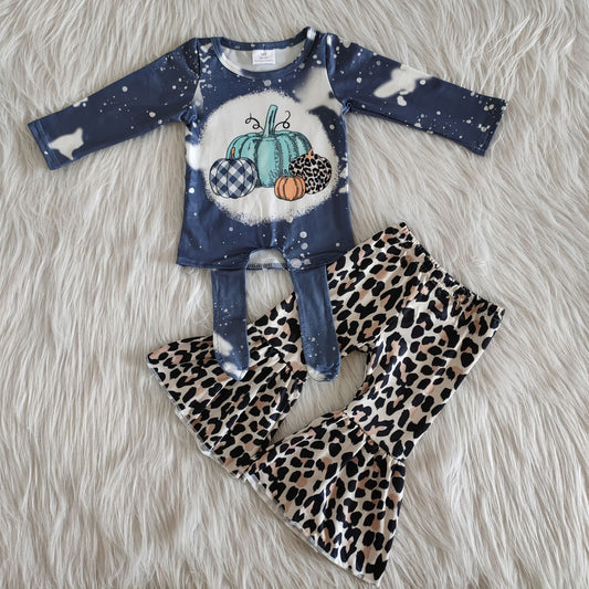 Baby Girls Pumpkin Outfits Long Sleeves Bell Bottom Leopard Pants Blue Clothing