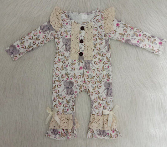 Girls Floral Elephant Rompers Gray