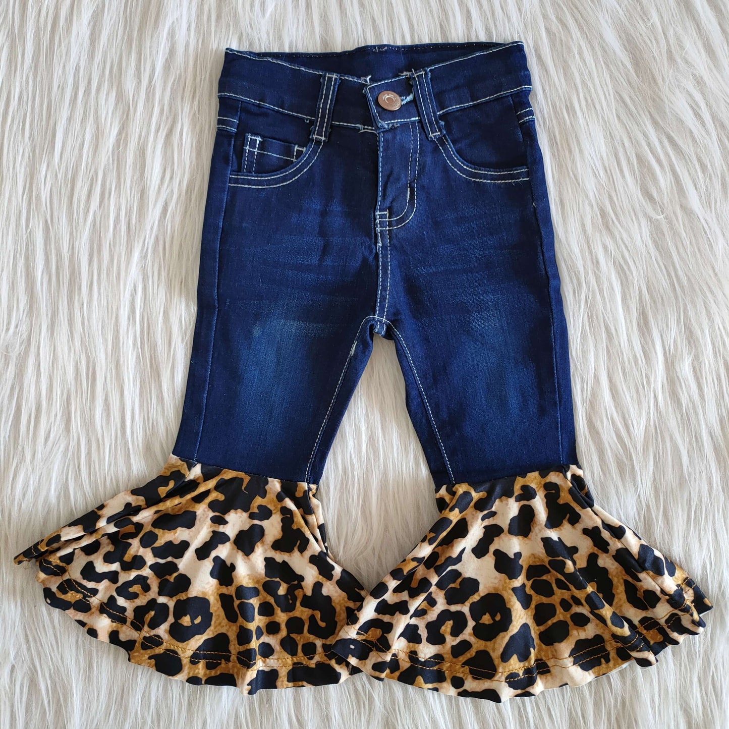 Girls Blue Jeans Bell Bottom Leopard Pants