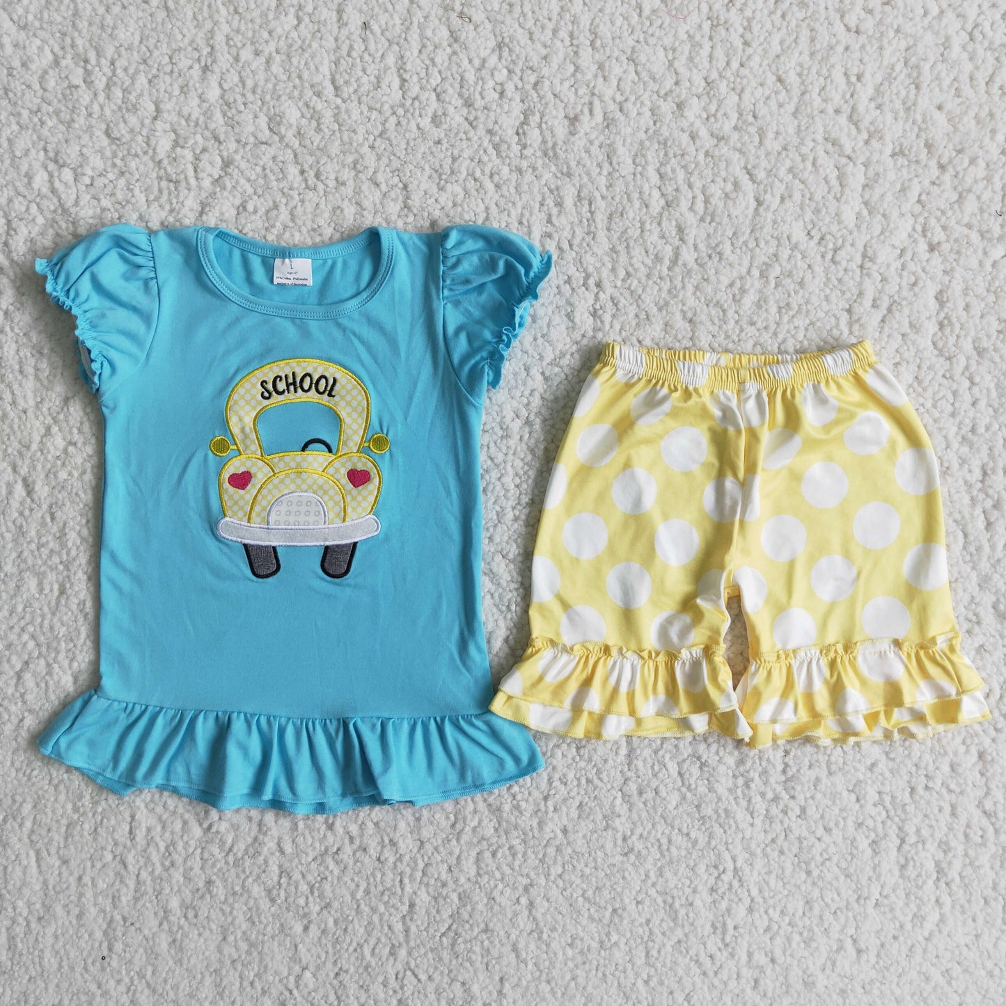 Girls Back To School Outfits Embroidery School Bus Blue