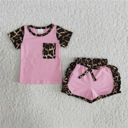 Girls Pink Outfits Short Sleeves Leopard Shorts