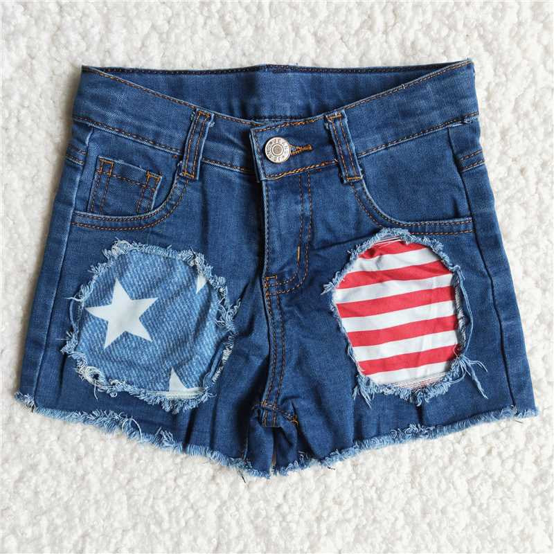 Girls Summer Blue Stars Stripe Denim Shorts