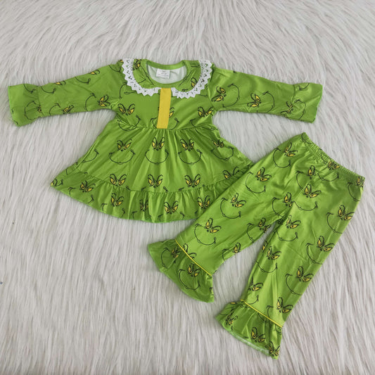 Girls Christmas Pajamas Green Long Sleeves Pants