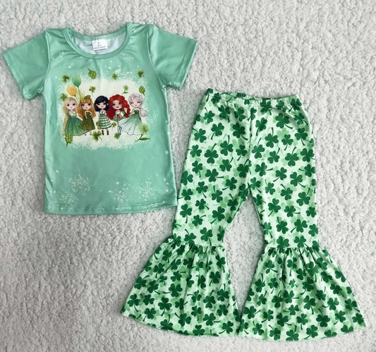 Girls St Patrick's Day Princess Outfits Short Sleeves Green Pants