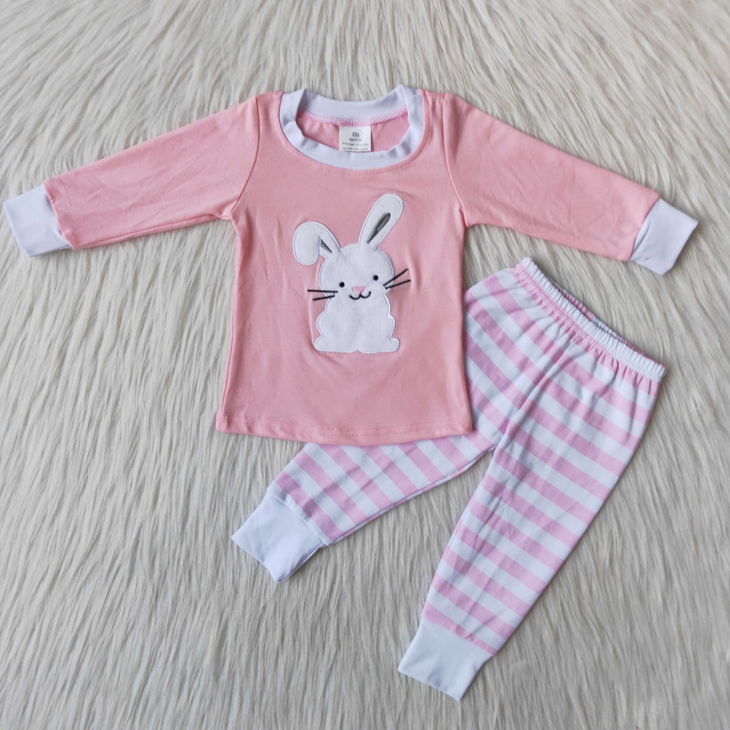 Girls Easter Rabbit Embroidery Pajamas Long Sleeves Pink Stripe Pants