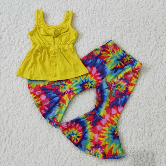 Girls Yellow Bows Outfits Sleeveless Tie-dye Pants