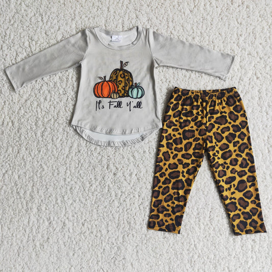 Baby Girls Pumpkin Outfits Long Sleeves Leopard Pants Gray Clothing