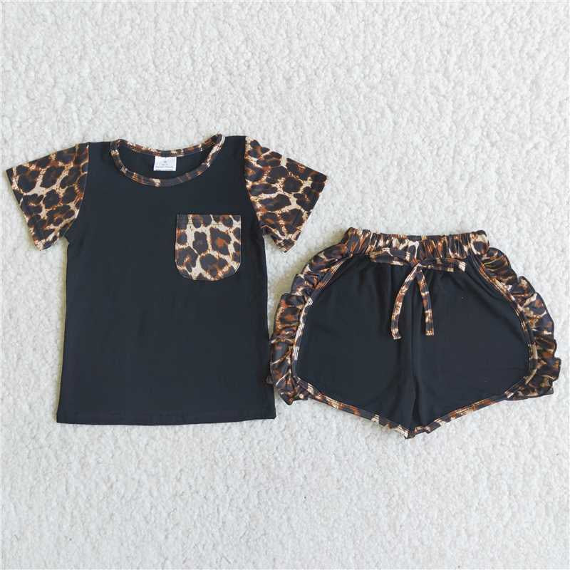 Girls Black Outfits Short Sleeves Leopard Shorts