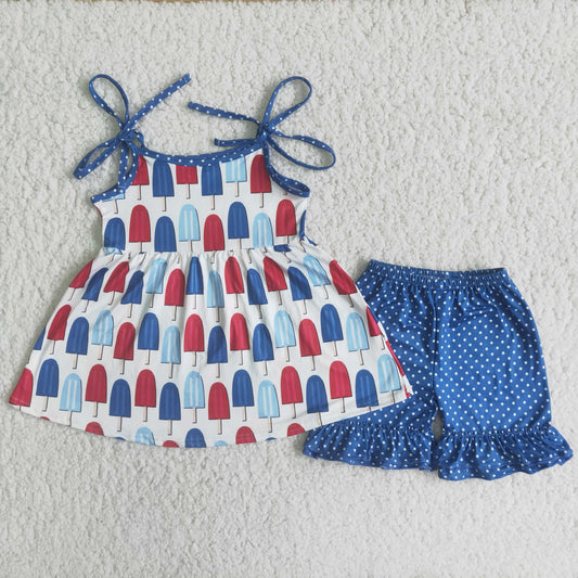 Girls Ice-lolly Outfits Sleeveless Blue Polka Dot Shorts