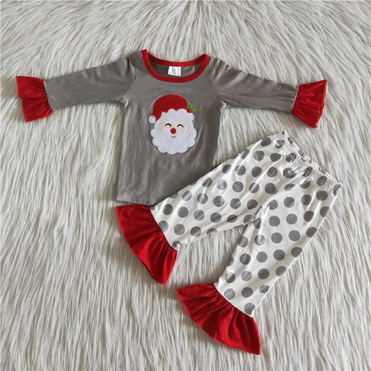 Girls Embroidery Christmas Santa Pajamas Long Sleeves Polka Dot Pants